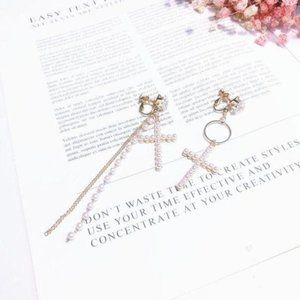 BOHO Vintage Style Clip On Unmatched Crystal Stud Pearl Paved Cross Earrings